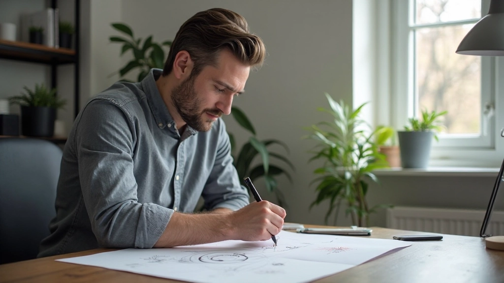 Persoon aan bureau werkt aan wireframe schets met pen en papier